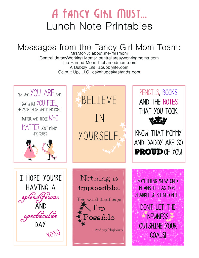 Lunch Note Printables from the Fancy Girl Mom Team